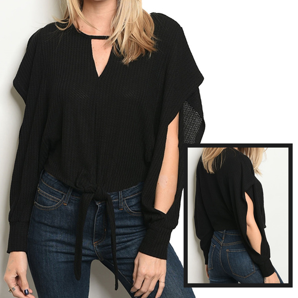 Tops - Long slit sleeve ruffled  knit sweater top.